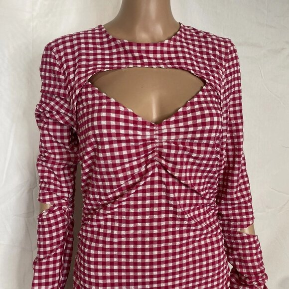 NEW GANNI Women's Seersucker Cut-Out Checked Mini Dress Red/White Size 8 - Picture 11 of 13